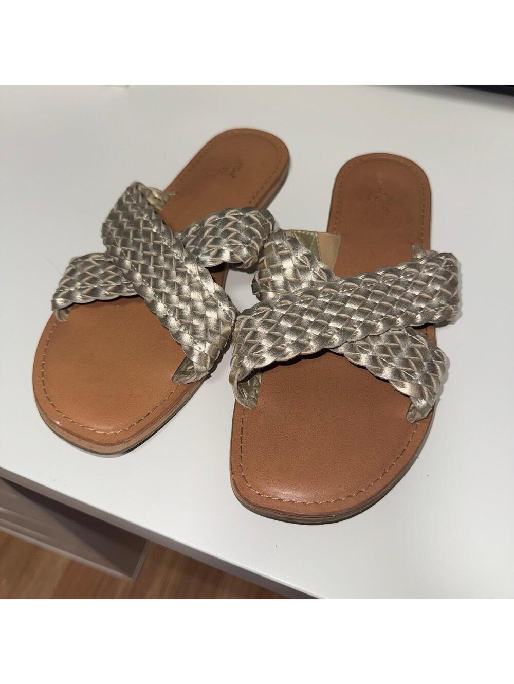 Universal Thread Esmeralda gold slide sandals feature a woven cross-strap 10